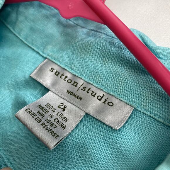 Vintage Bloomingdales Sutton Studio Women’s Aqua Linen Blouse‎ Size 2X Preppy - Picture 5 of 11